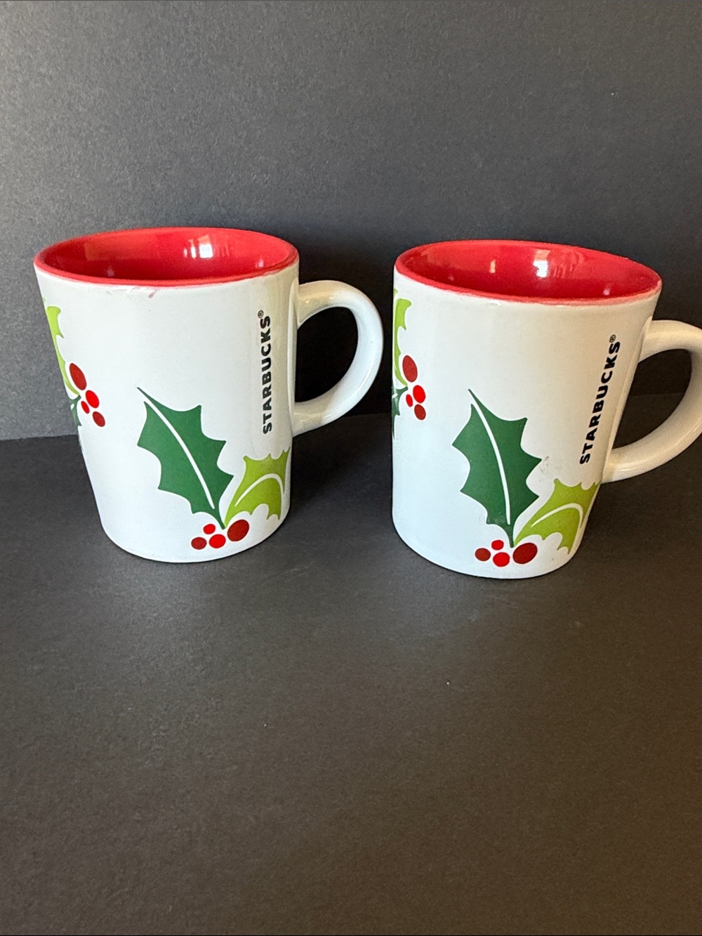 2011 STARBUCKS COFFEE CUP 9 oz red  white holy leaf design set of 2 vintage